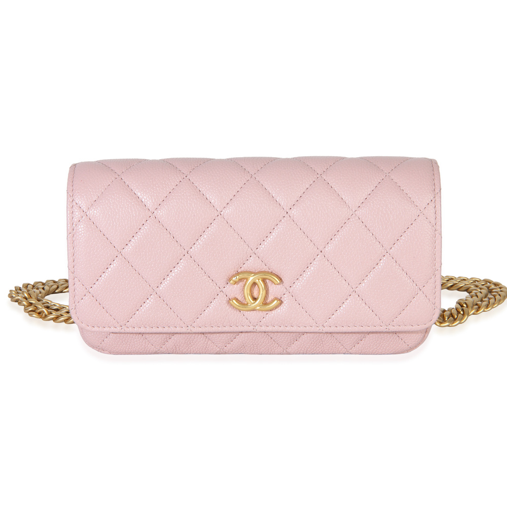 Chanel Light Pink Quilted Caviar Sweetheart Phone Holder With Chain Handbag